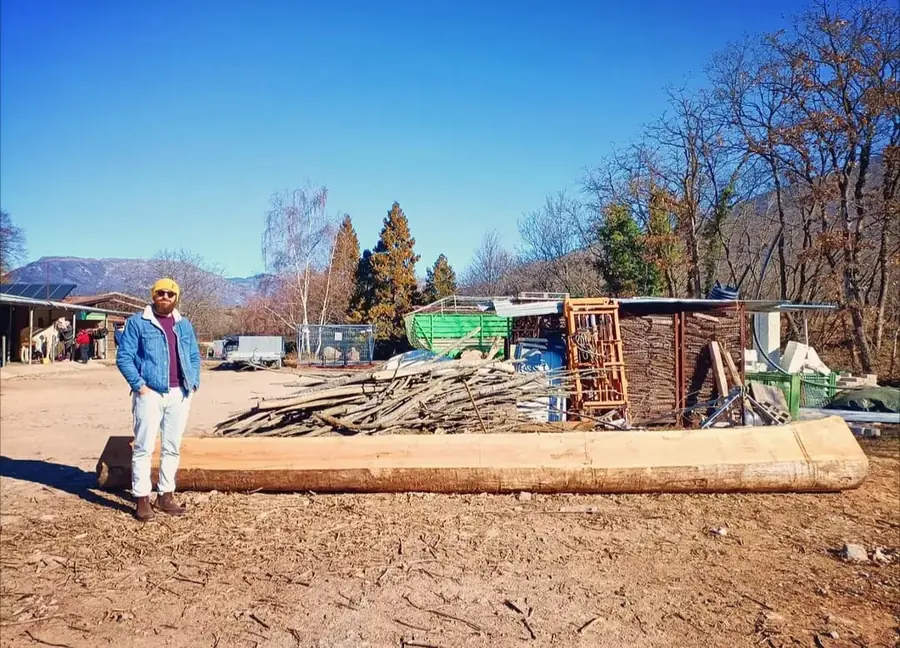 Luthier Luca Nunzio Caira standing beside a freshly squared alpine spruce log at a sawmill yard in Trentino, with the mountains behind