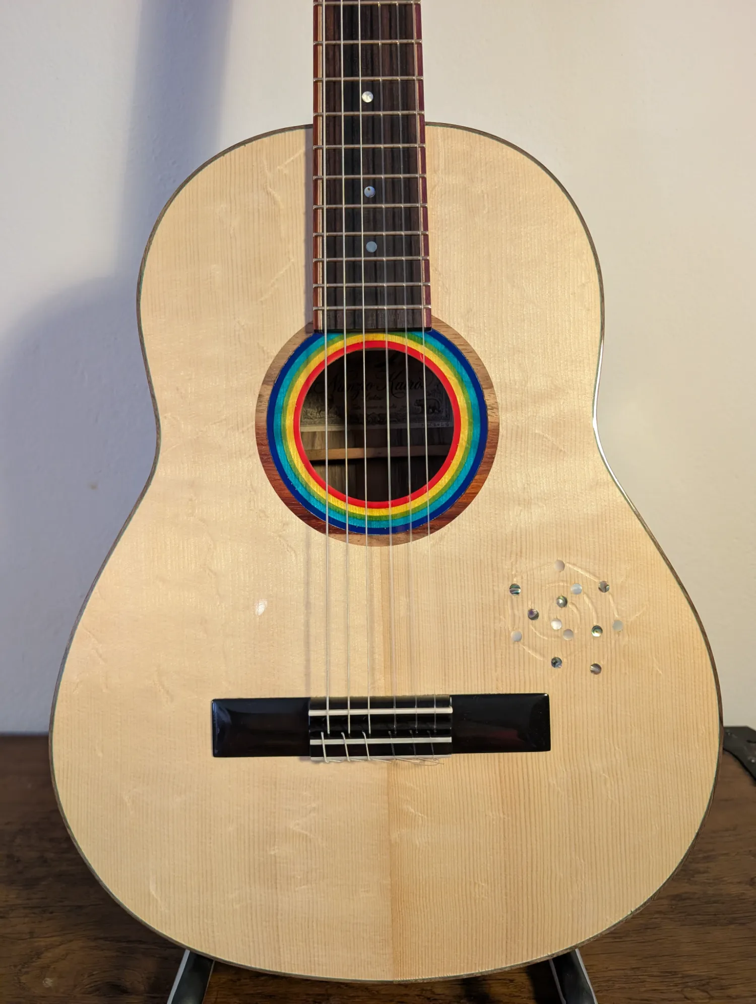 Concert classical guitar Pandora front view, Master Grade Italian Spruce top with Bearclaw figuring and shellac French polish finish