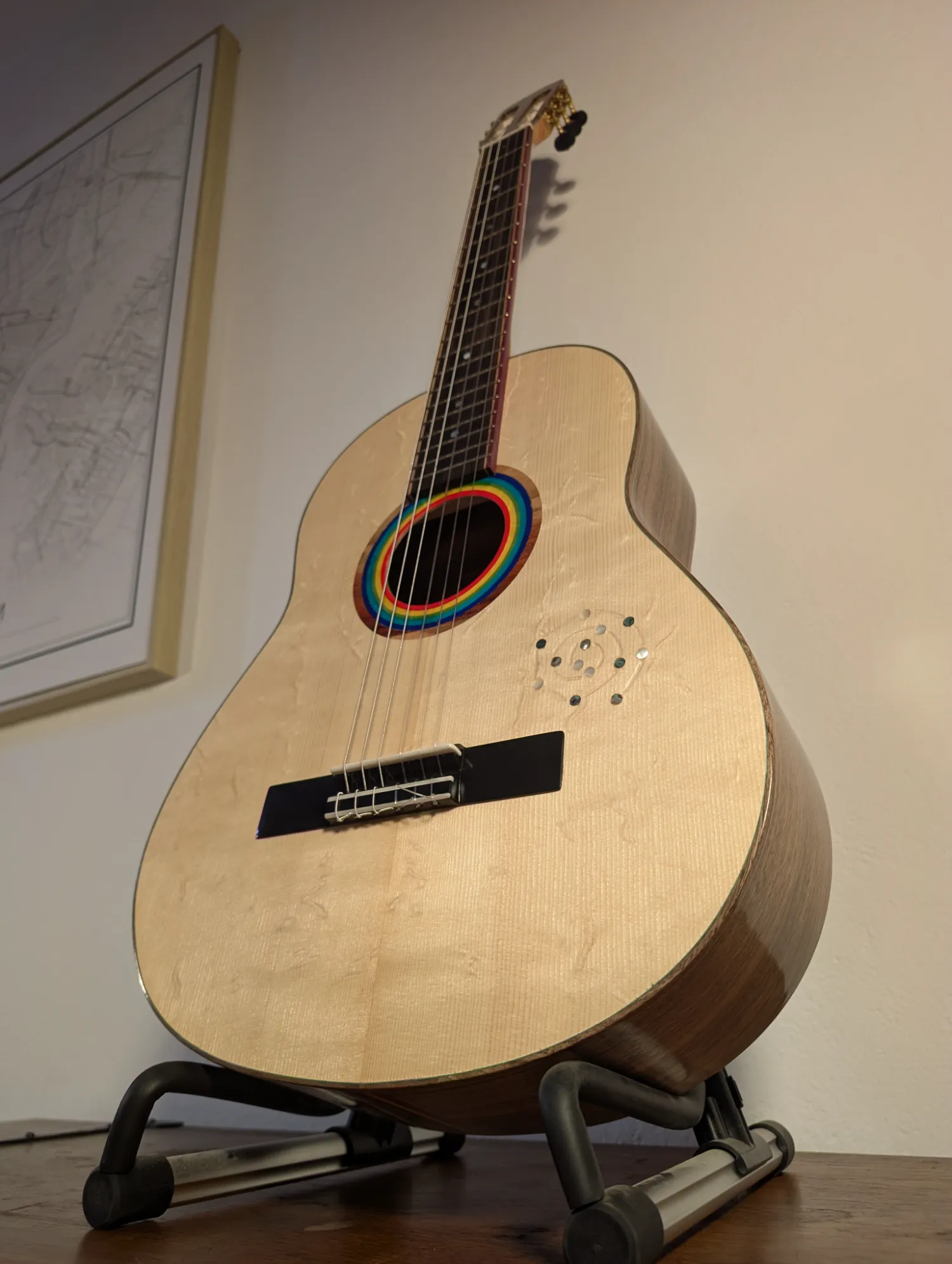 Ebony bridge detail on concert classical guitar Pandora